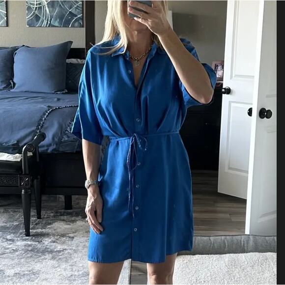 Thakoon Cerulean Blue Shirt Dress Size 12 Career Blouson Tie Waist Designer $310 - Picture 6 of 13